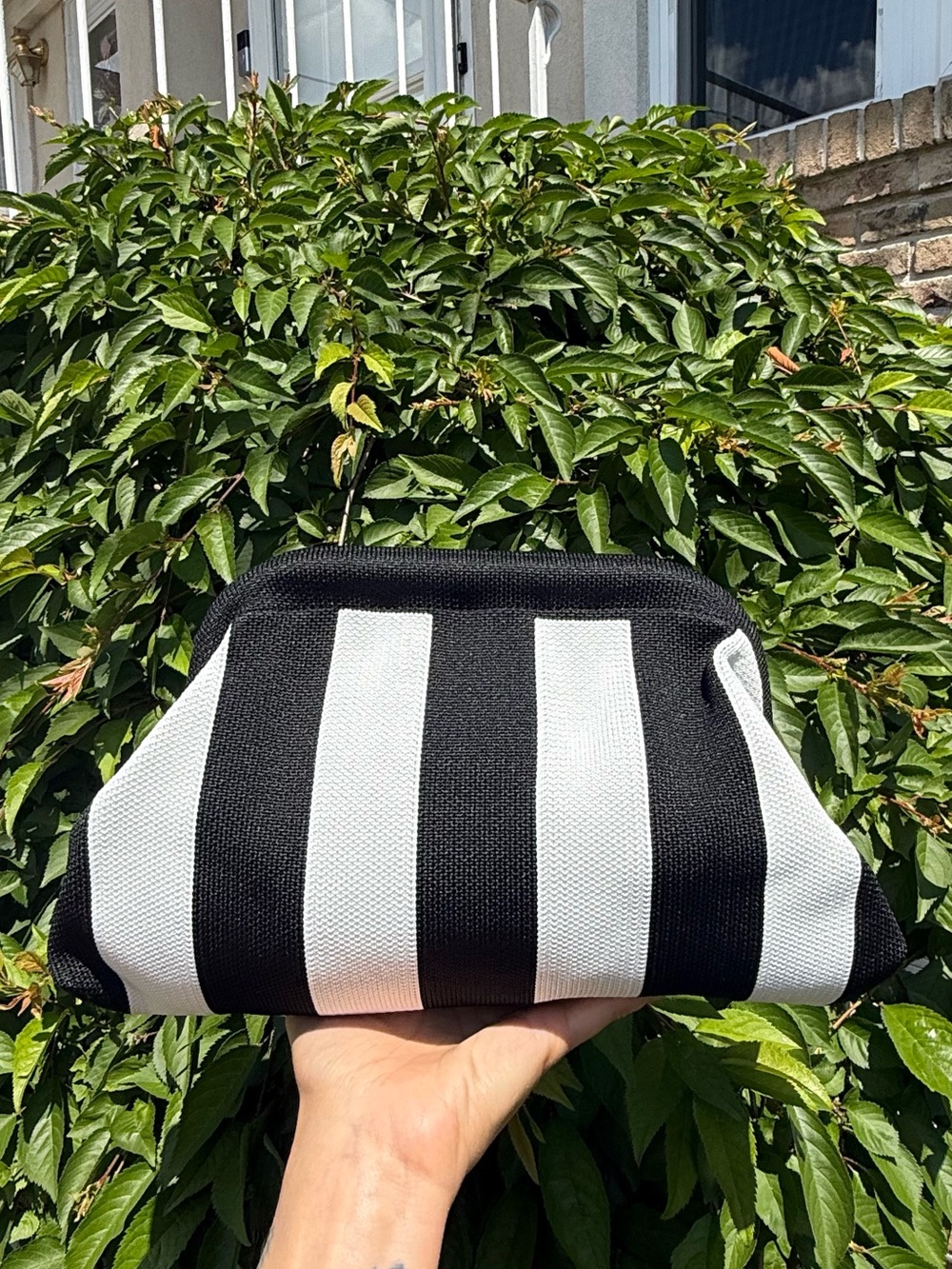 NWT Large Black & White Striped Knit Puffy Dumpling Pouch Clutch